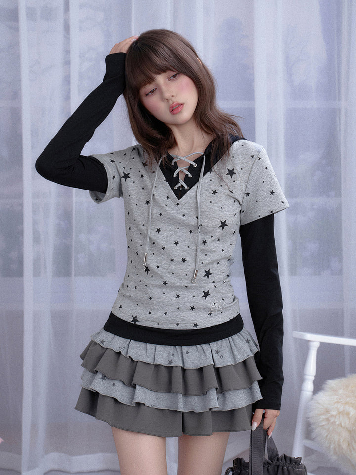 Star Print Layered Hooded T-Shirt