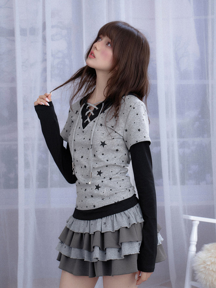 Star Print Layered Hooded T-Shirt