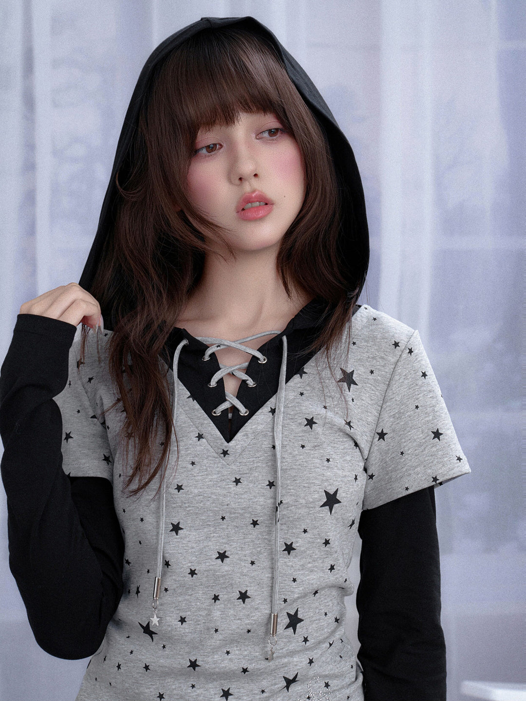 Star Print Layered Hooded T-Shirt