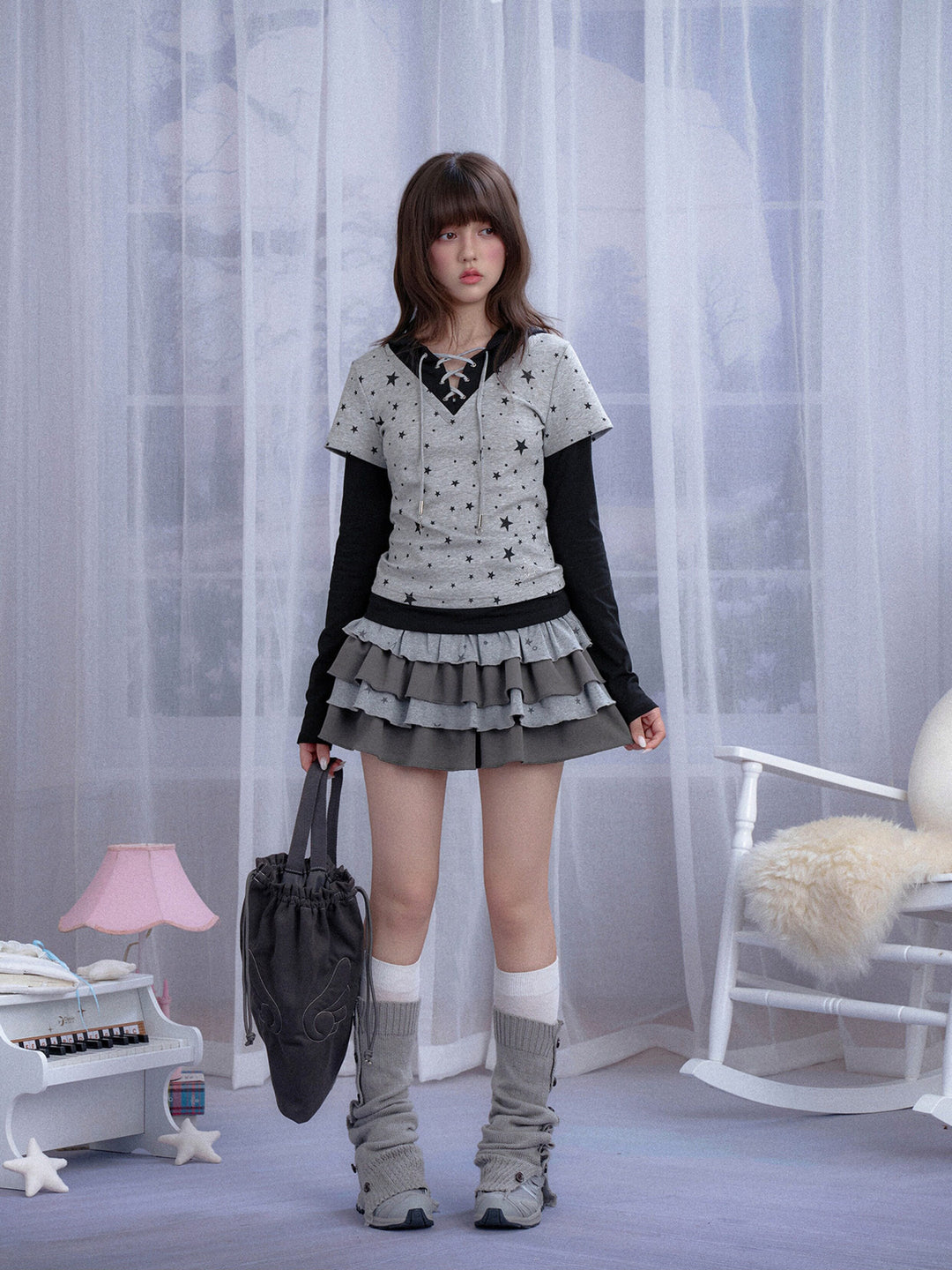 Star Print Layered Hooded T-Shirt