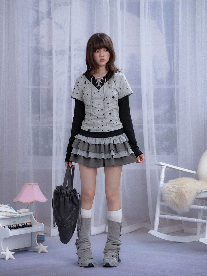 Star Print Layered Hooded T-Shirt