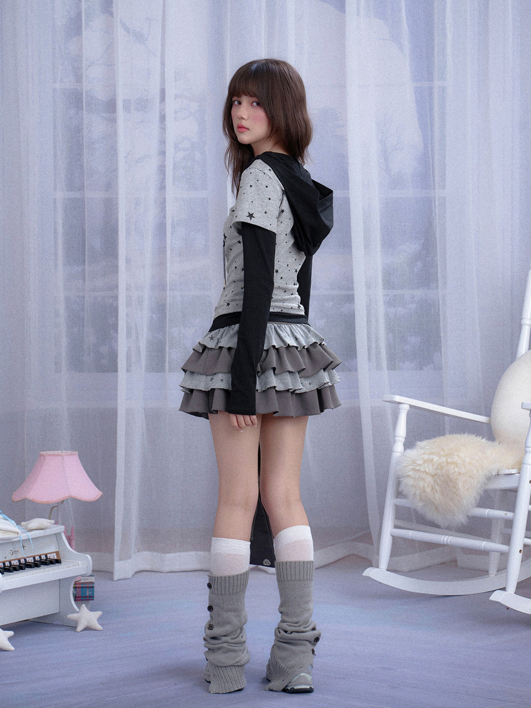 Star Print Layered Hooded T-Shirt