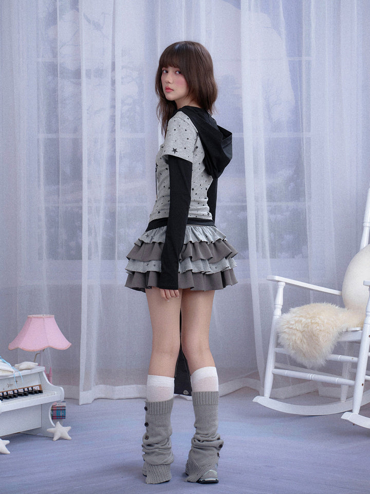 Star Print Layered Hooded T-Shirt