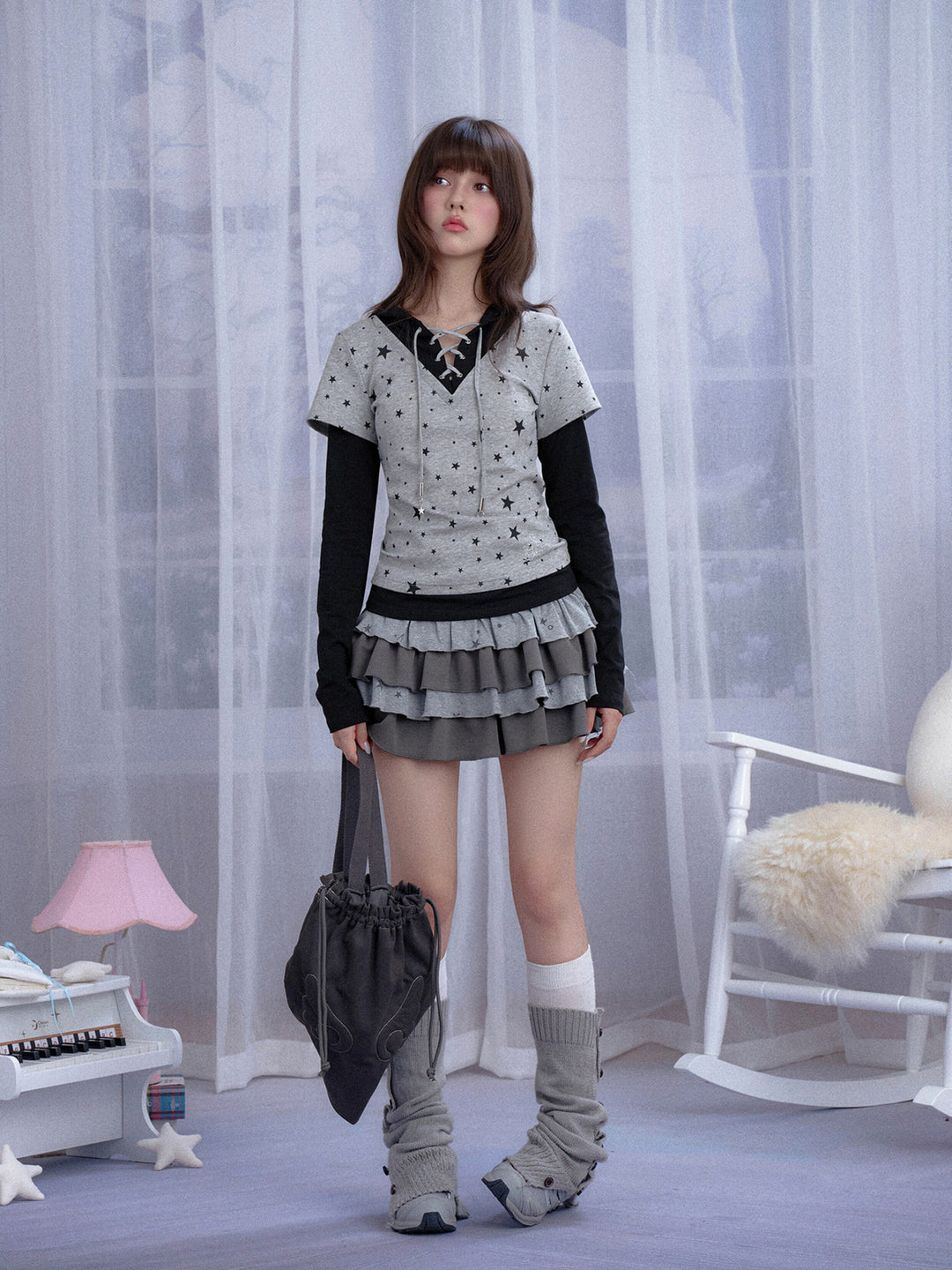 Star Print Layered Hooded T-Shirt