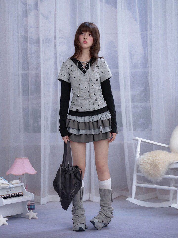 Star Print Layered Hooded T-Shirt