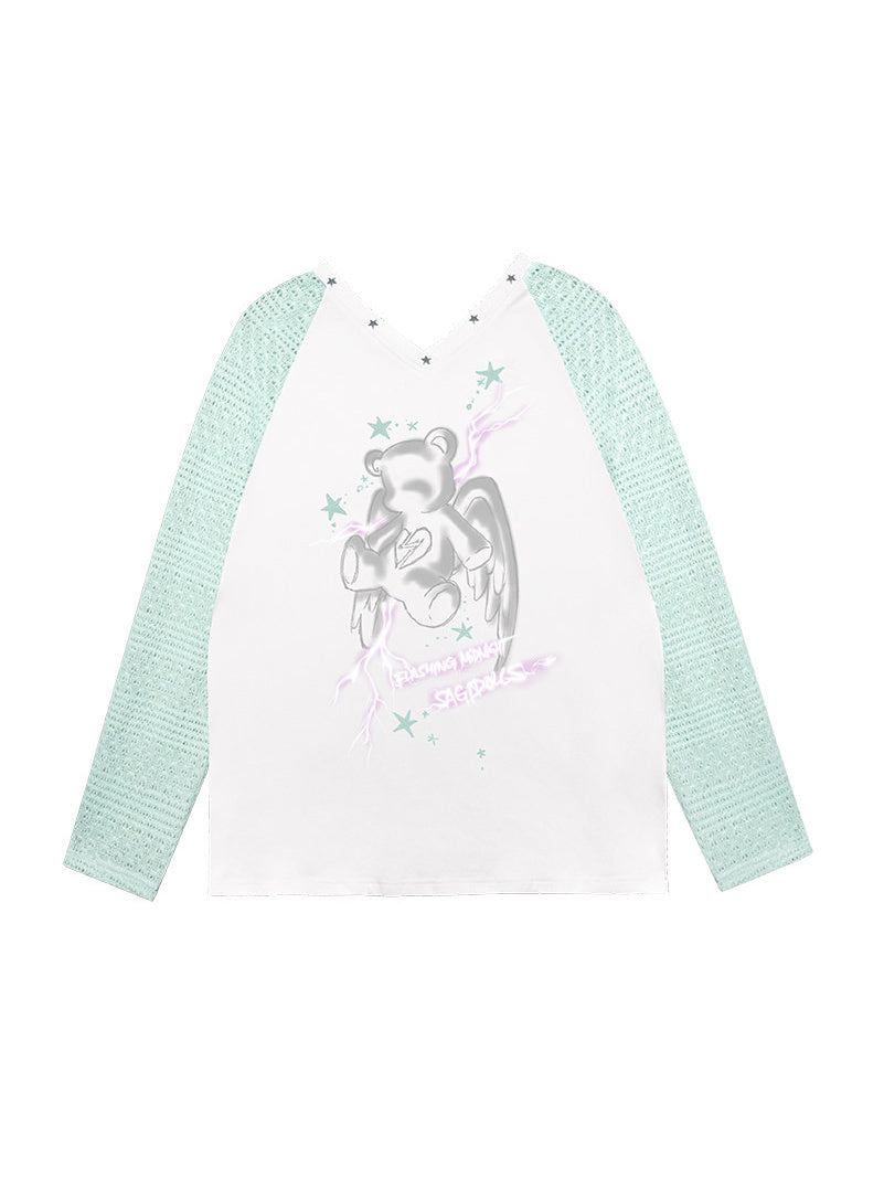 Angel Bear Knit Sleeve Raglan T-Shirt