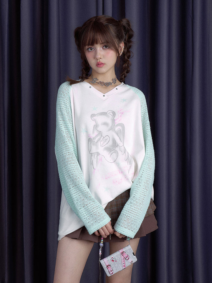 Angel Bear Knit Sleeve Raglan T-Shirt