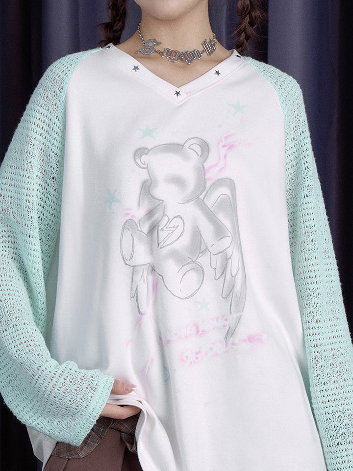 Angel Bear Knit Sleeve Raglan T-Shirt