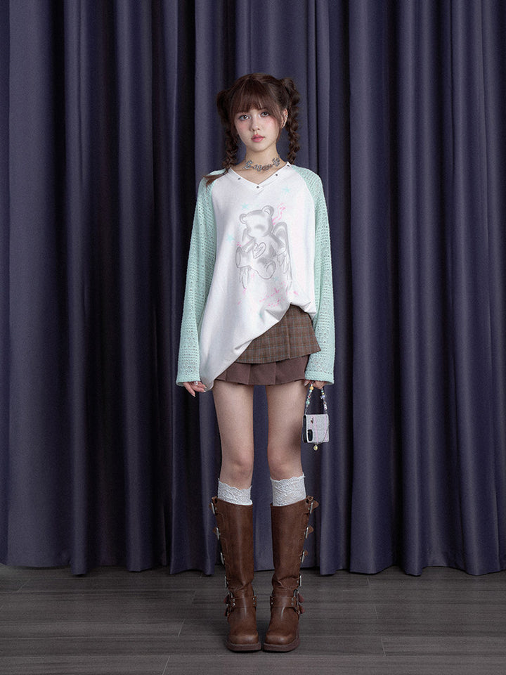 Angel Bear Knit Sleeve Raglan T-Shirt