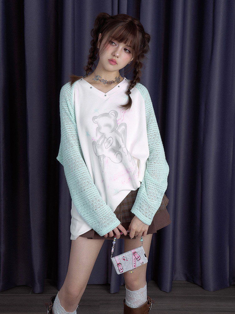 Angel Bear Knit Sleeve Raglan T-Shirt