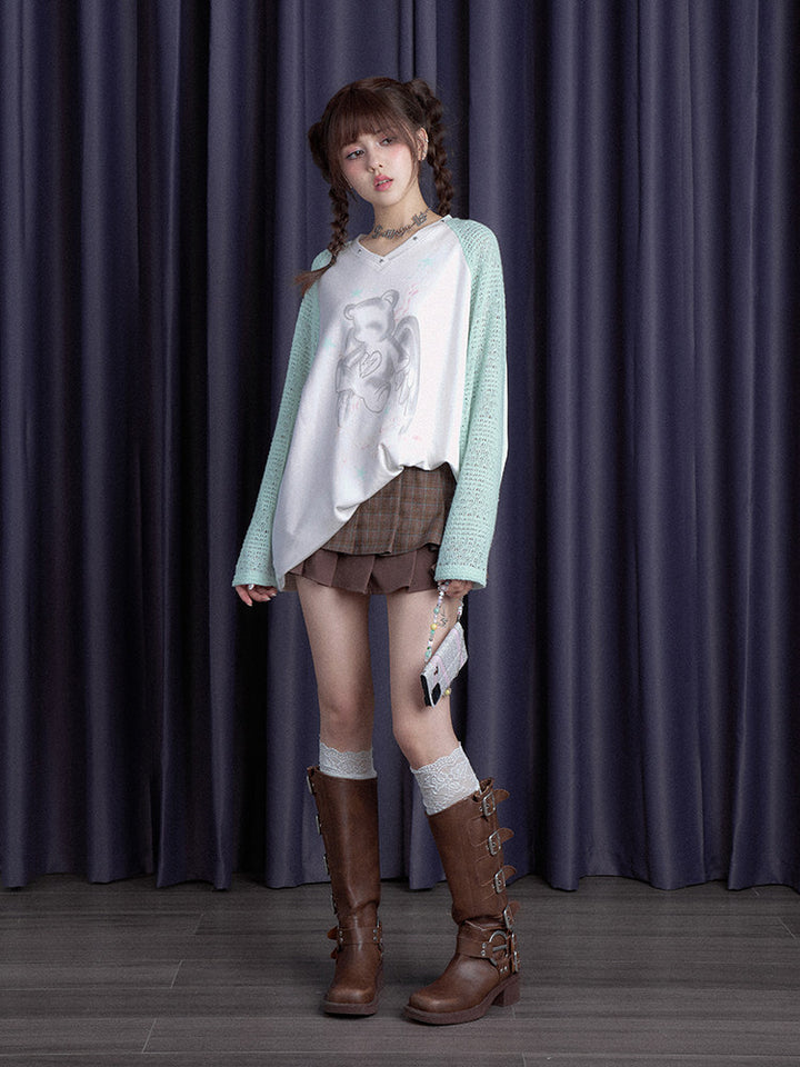 Angel Bear Knit Sleeve Raglan T-Shirt