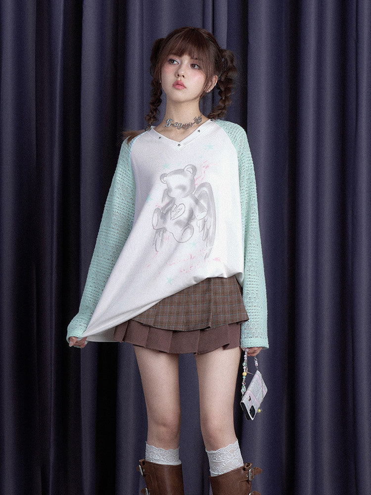 Angel Bear Knit Sleeve Raglan T-Shirt