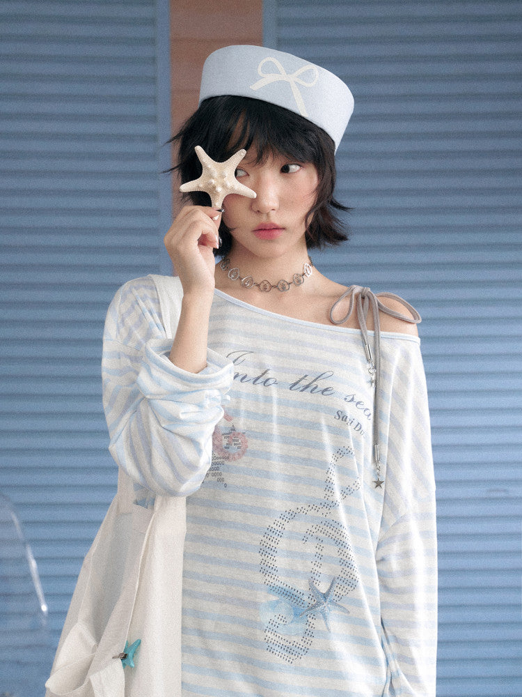 Ocean Graphic Blue Striped Long Sleeve Top