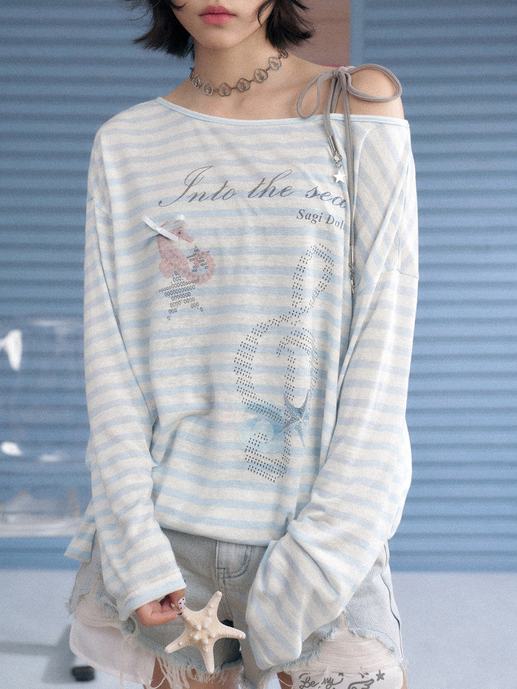 Ocean Graphic Blue Striped Long Sleeve Top