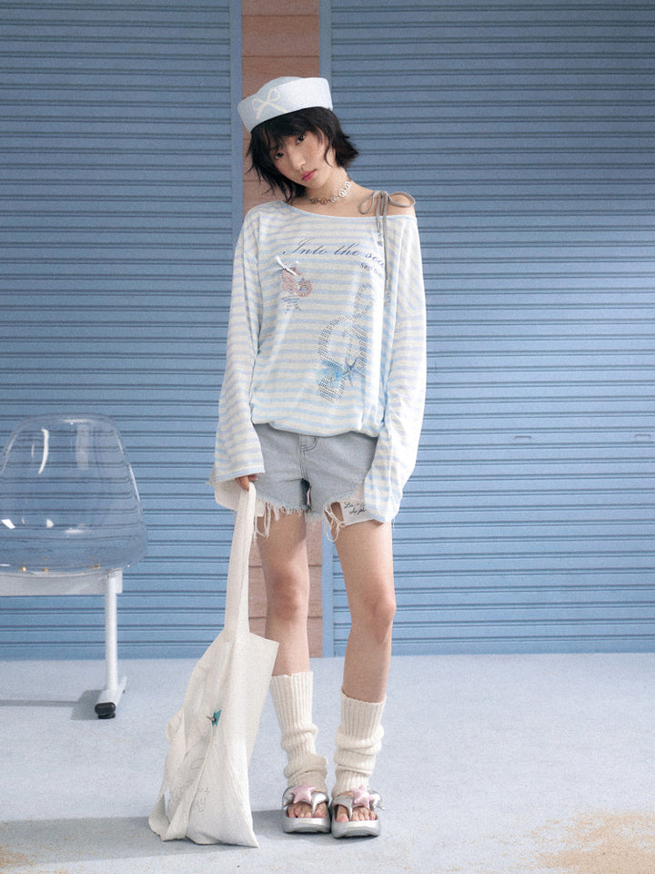 Ocean Graphic Blue Striped Long Sleeve Top
