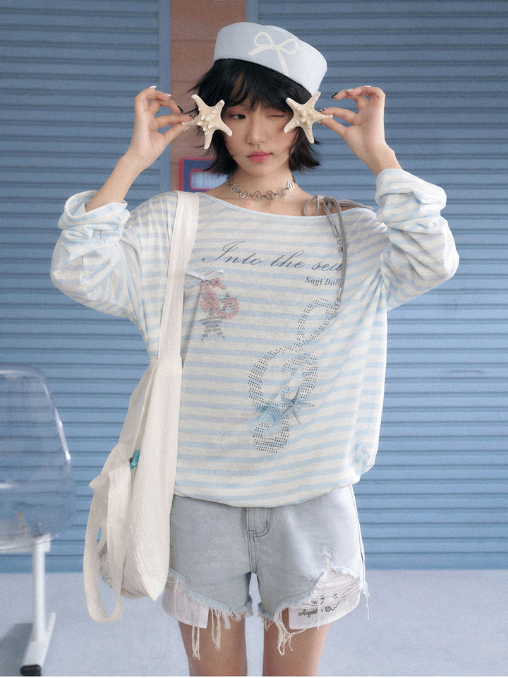 Ocean Graphic Blue Striped Long Sleeve Top