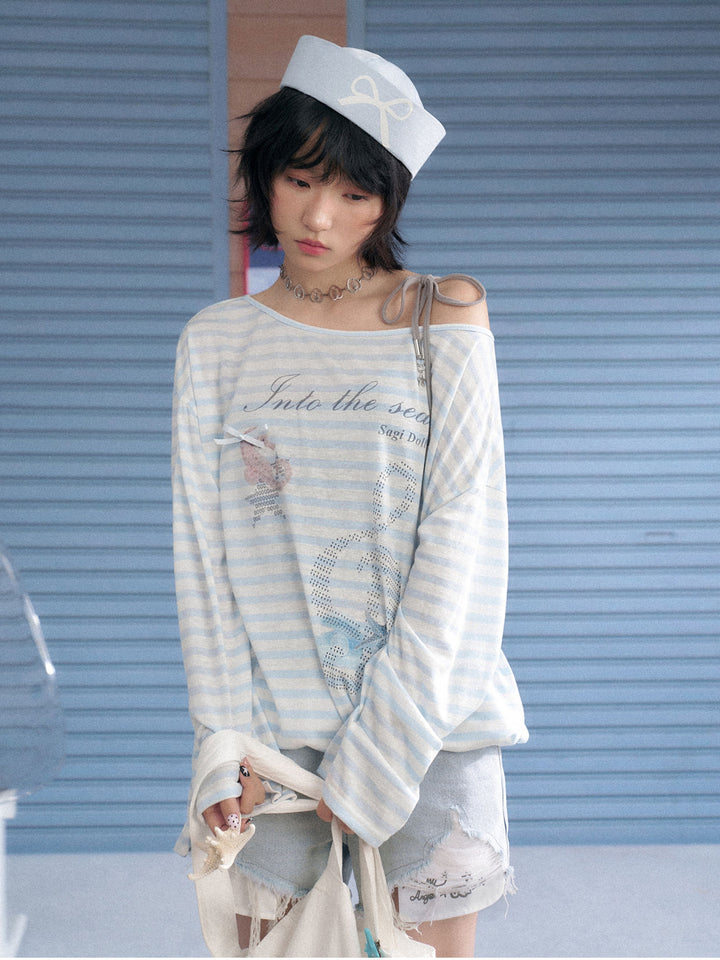 Ocean Graphic Blue Striped Long Sleeve Top