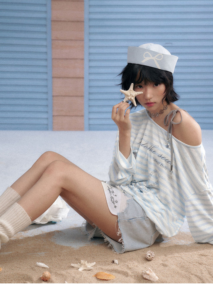 Ocean Graphic Blue Striped Long Sleeve Top
