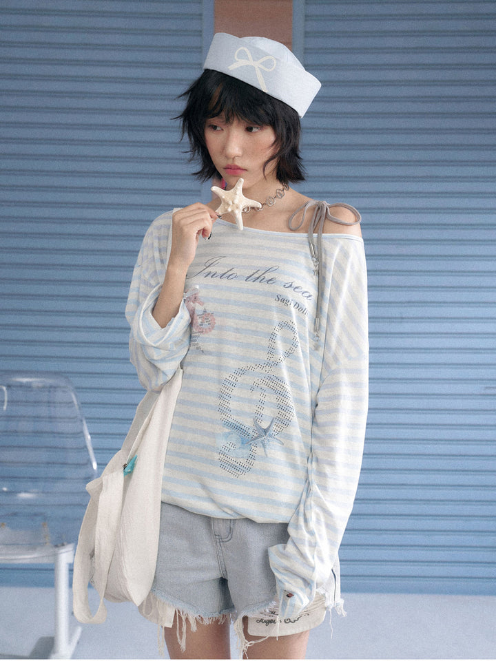 Ocean Graphic Blue Striped Long Sleeve Top
