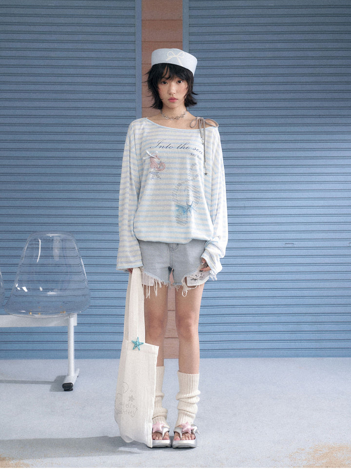 Ocean Graphic Blue Striped Long Sleeve Top