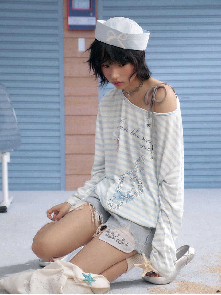 Ocean Graphic Blue Striped Long Sleeve Top