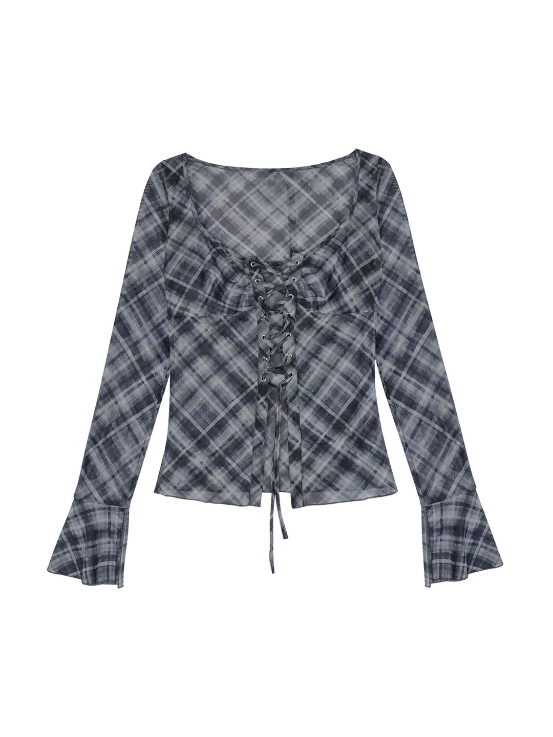 Gray Plaid Lace-Up Flare Sleeve Top