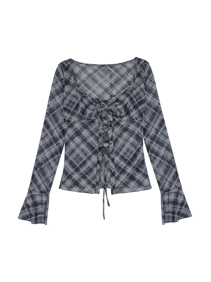 Gray Plaid Lace-Up Flare Sleeve Top