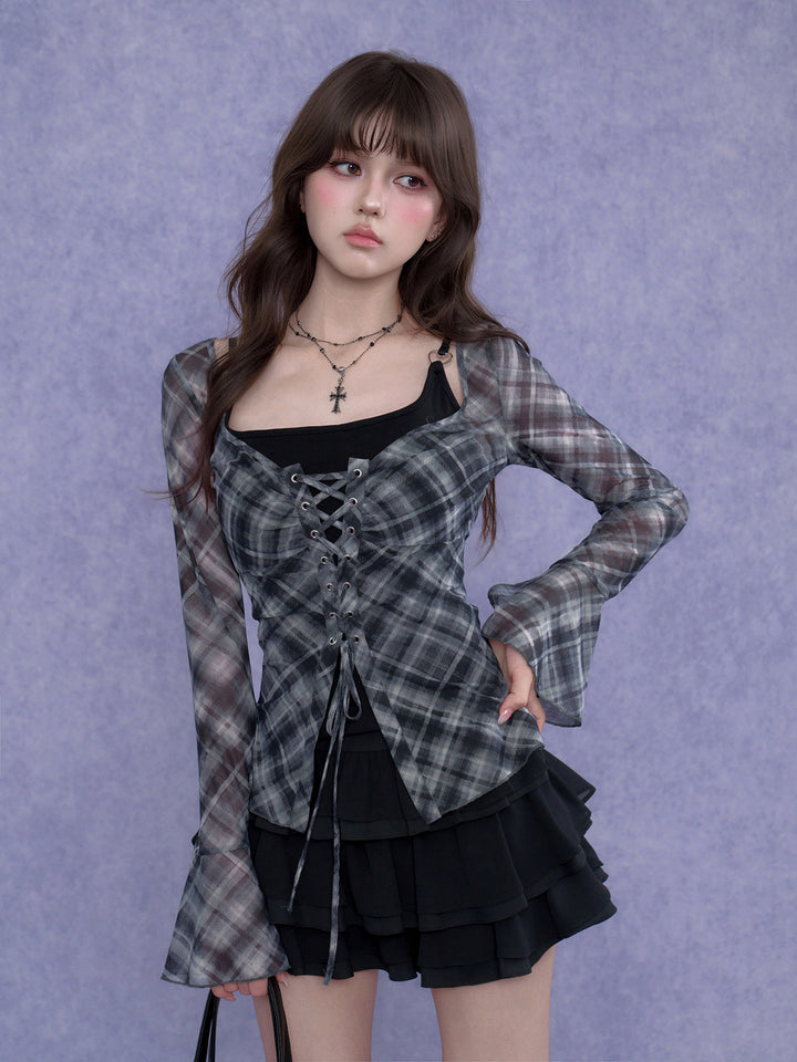 Gray Plaid Lace-Up Flare Sleeve Top
