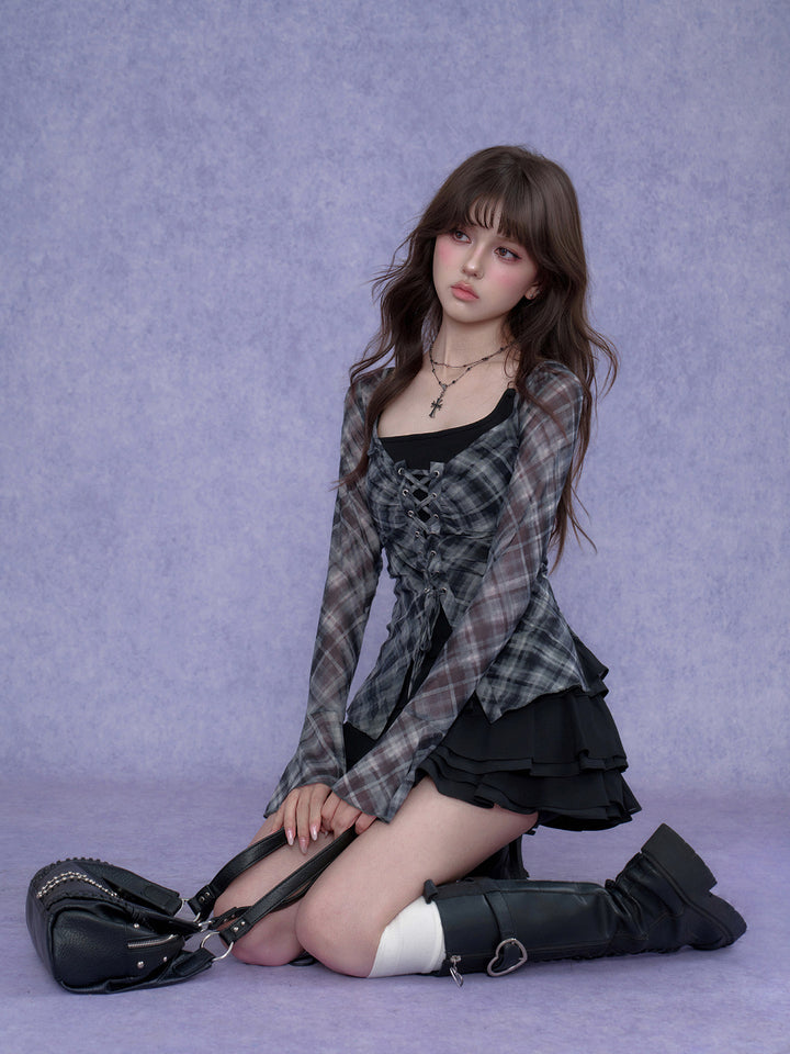Gray Plaid Lace-Up Flare Sleeve Top