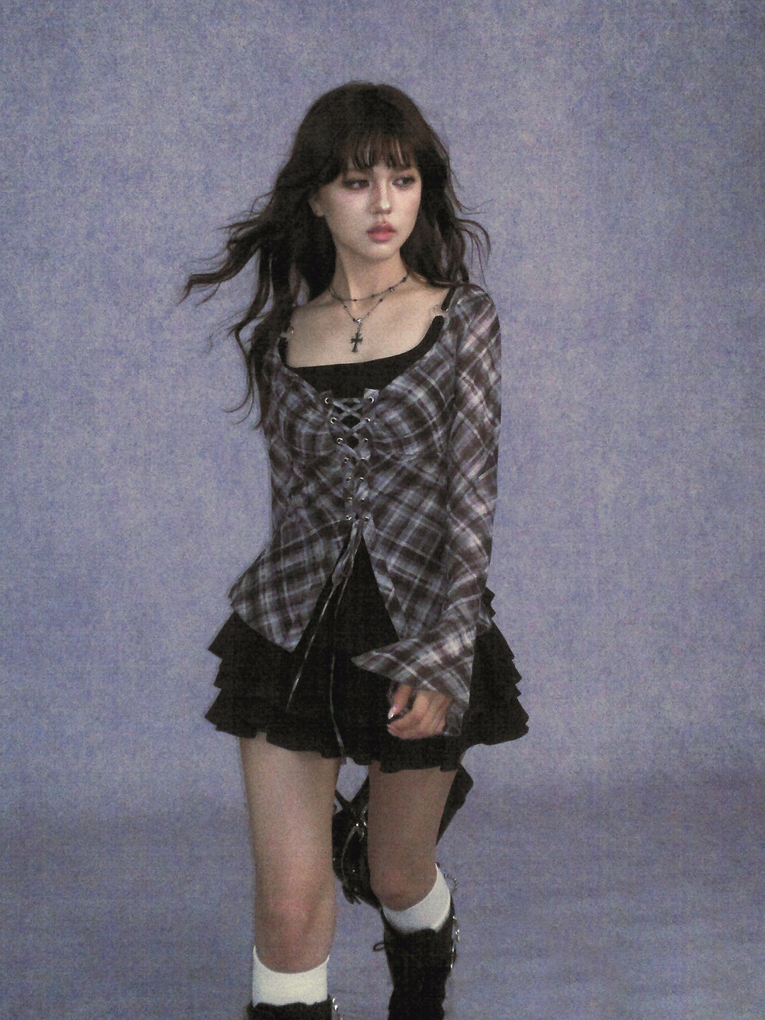 Gray Plaid Lace-Up Flare Sleeve Top