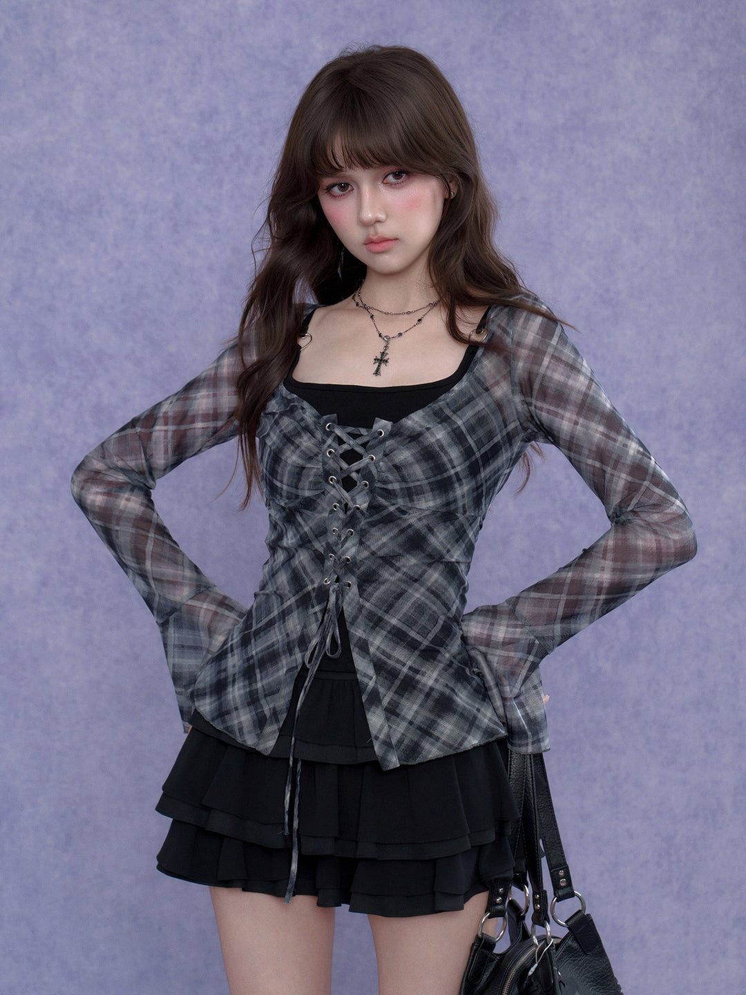 Gray Plaid Lace-Up Flare Sleeve Top