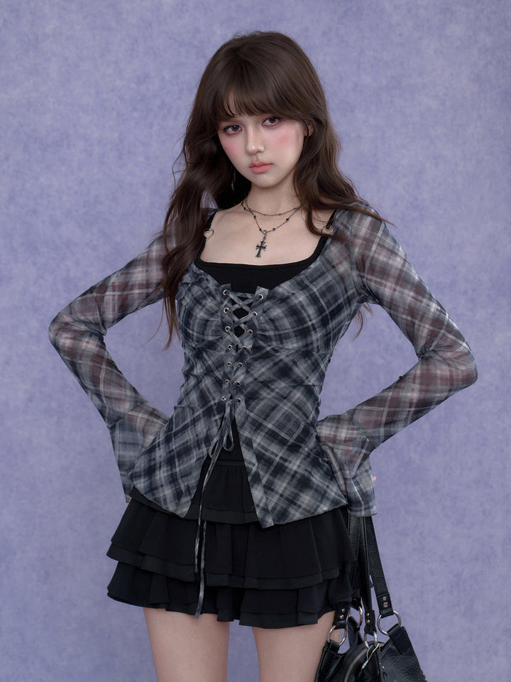 Gray Plaid Lace-Up Flare Sleeve Top