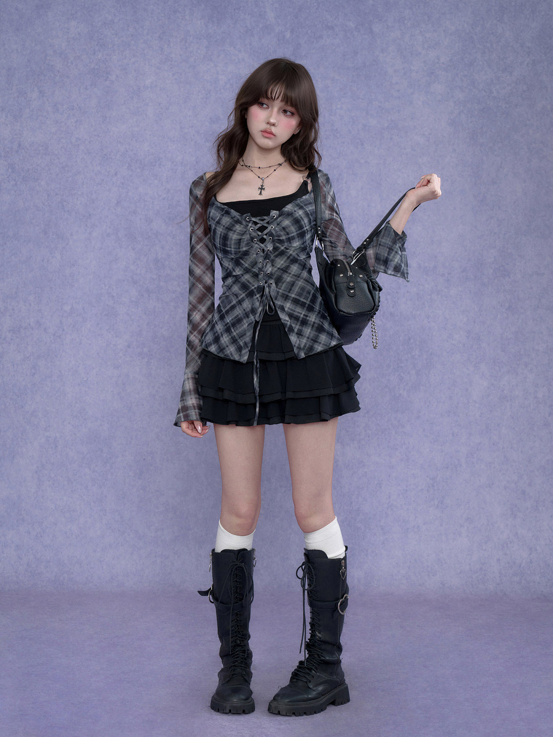 Gray Plaid Lace-Up Flare Sleeve Top