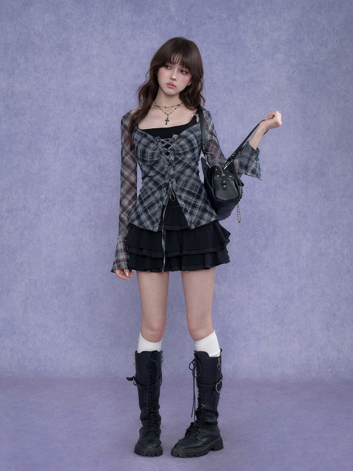 Gray Plaid Lace-Up Flare Sleeve Top
