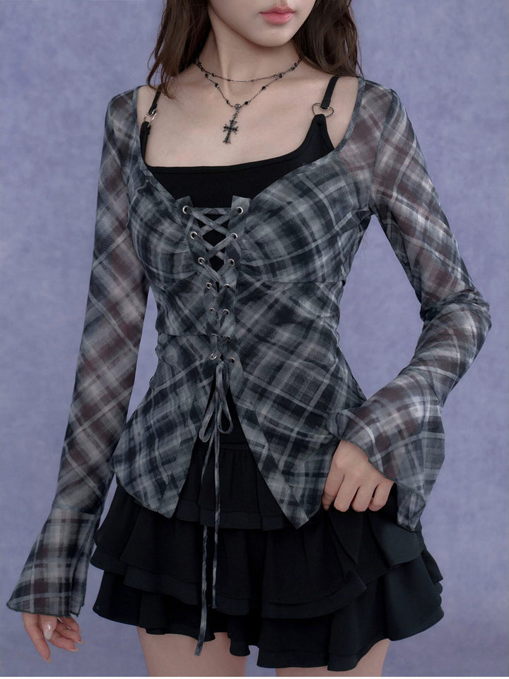Gray Plaid Lace-Up Flare Sleeve Top