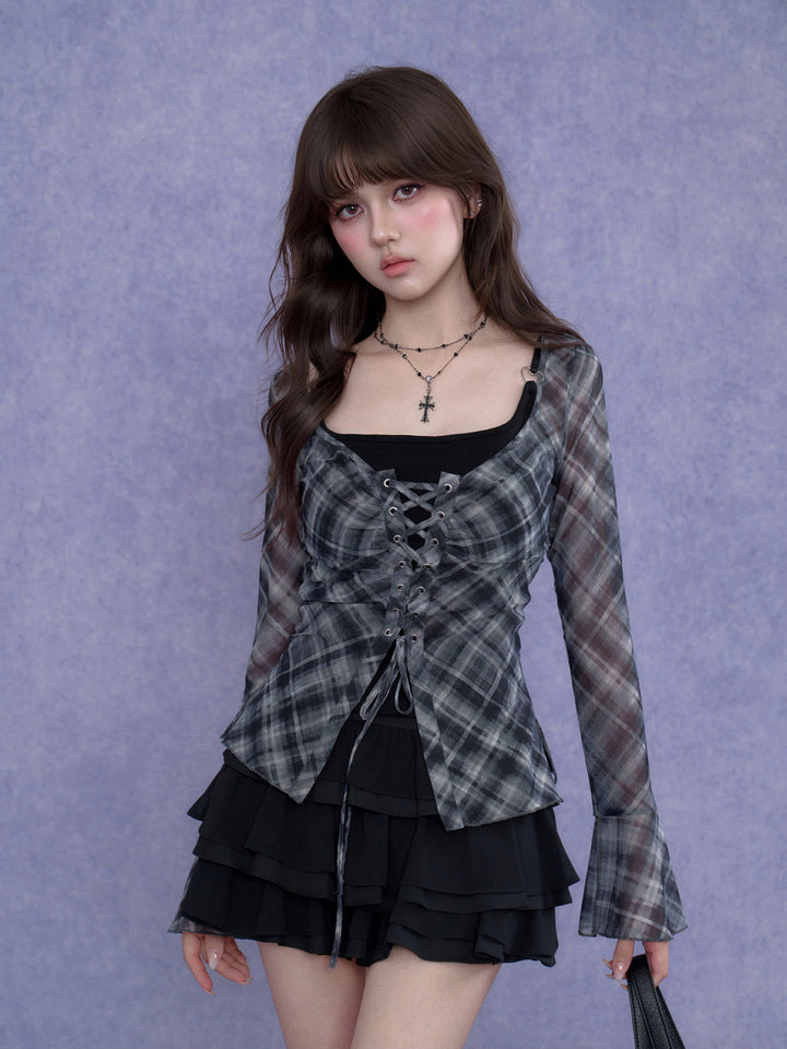 Gray Plaid Lace-Up Flare Sleeve Top
