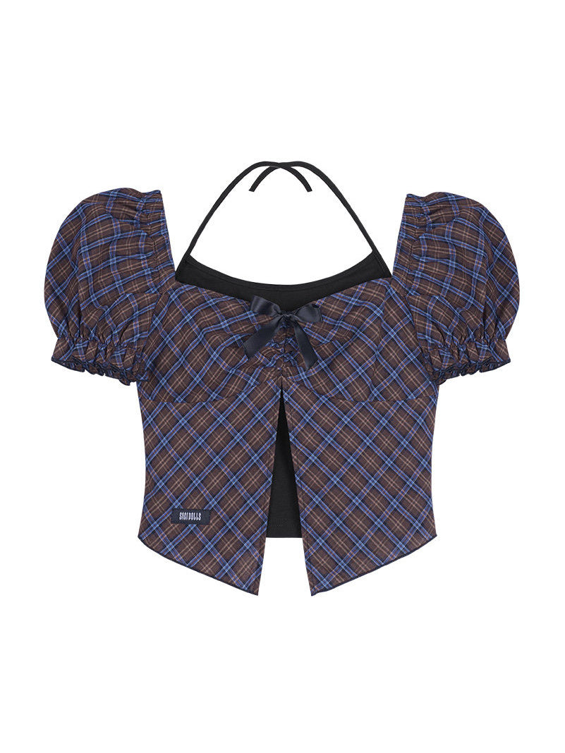 Layered Plaid Bow Puff Sleeve Top