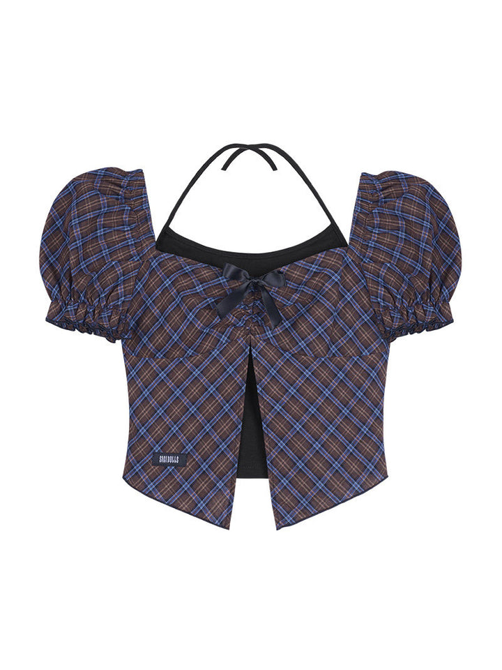 Layered Plaid Bow Puff Sleeve Top