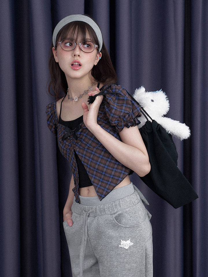 Layered Plaid Bow Puff Sleeve Top