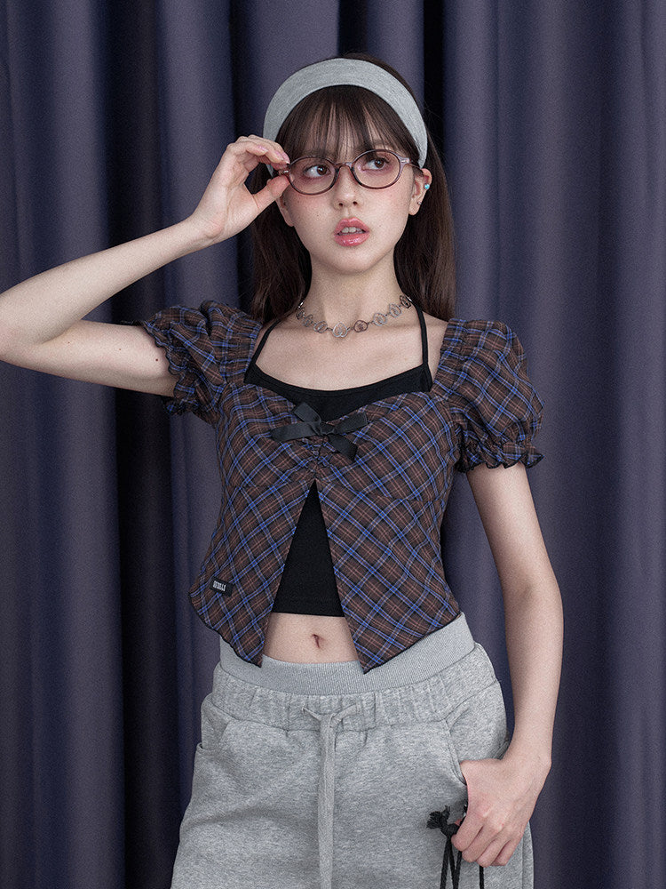 Layered Plaid Bow Puff Sleeve Top