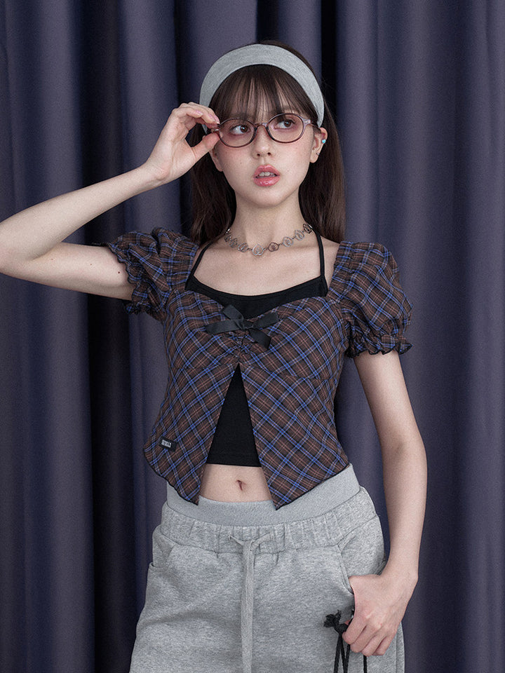 Layered Plaid Bow Puff Sleeve Top