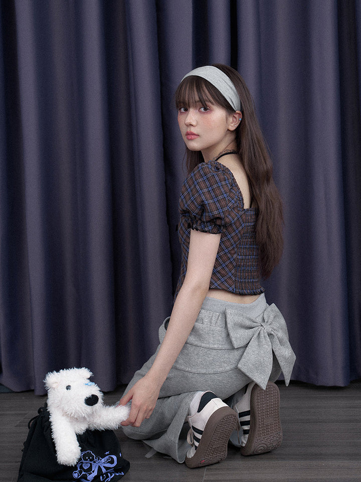 Layered Plaid Bow Puff Sleeve Top