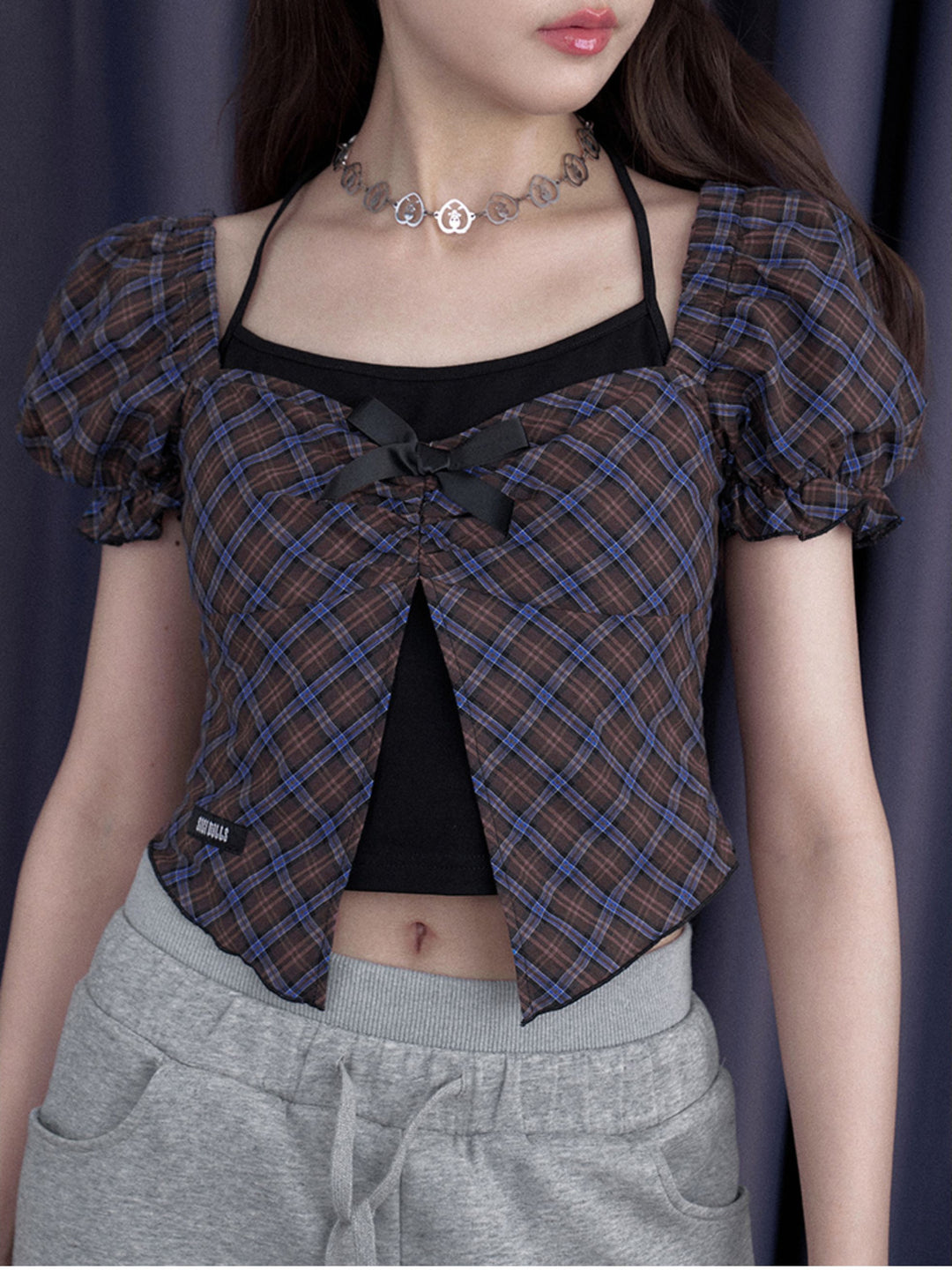 Layered Plaid Bow Puff Sleeve Top