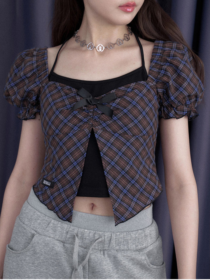 Layered Plaid Bow Puff Sleeve Top