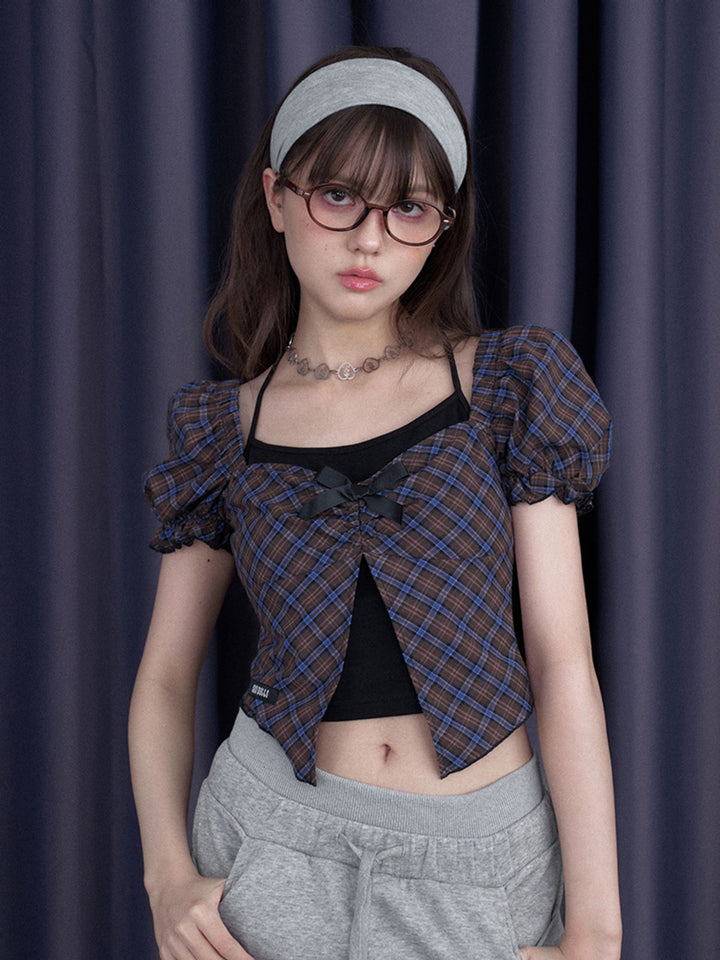Layered Plaid Bow Puff Sleeve Top