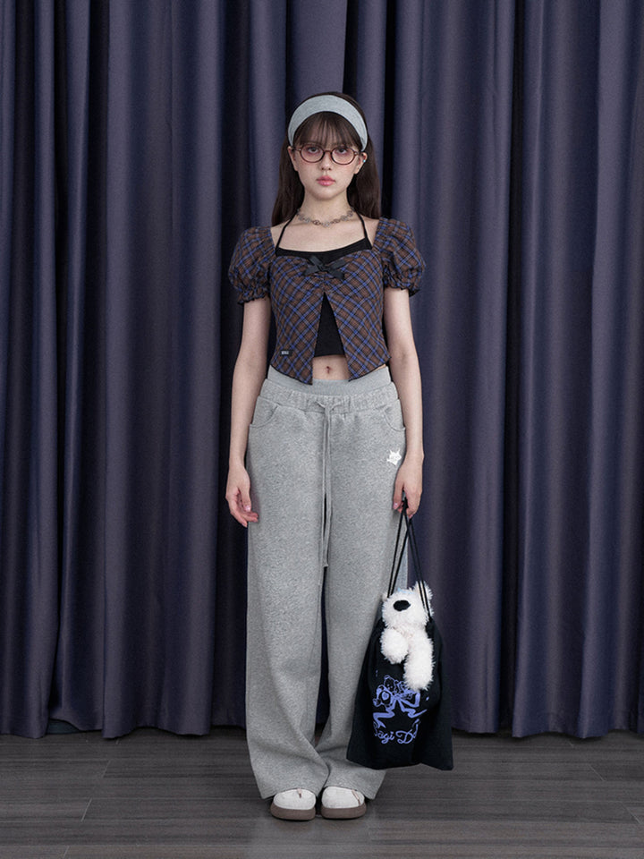 Layered Plaid Bow Puff Sleeve Top