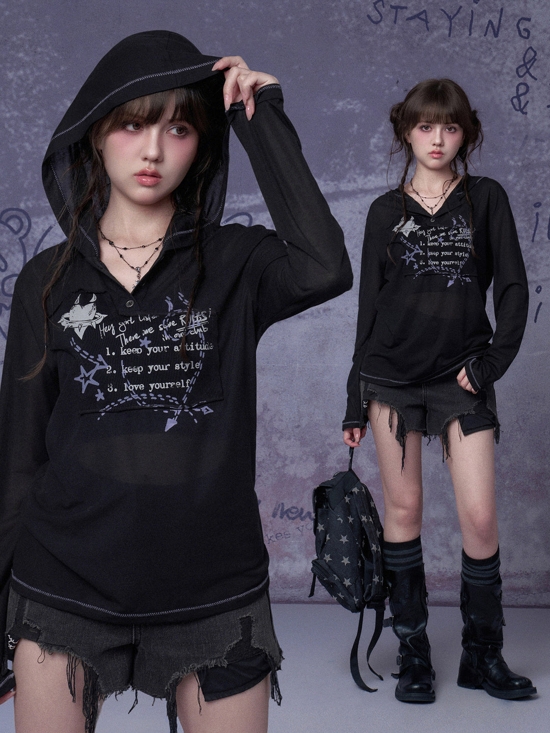 Graffiti Graphic Hooded Long Sleeve Top