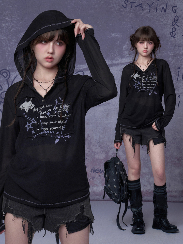 Graffiti Graphic Hooded Long Sleeve Top