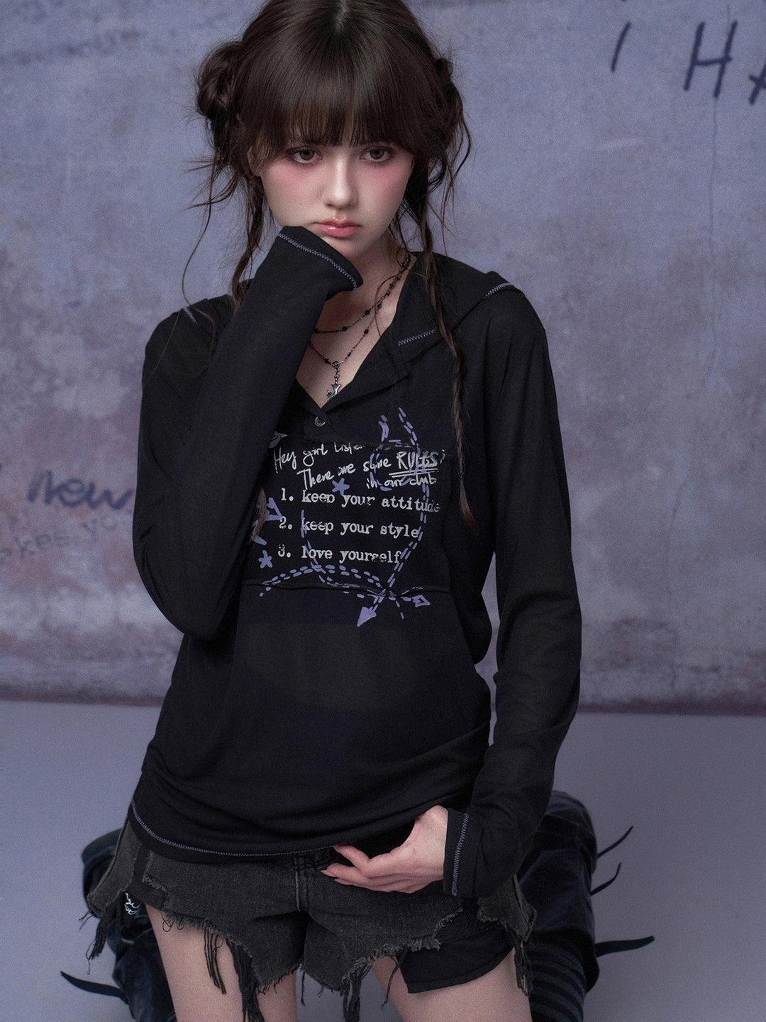 Graffiti Graphic Hooded Long Sleeve Top