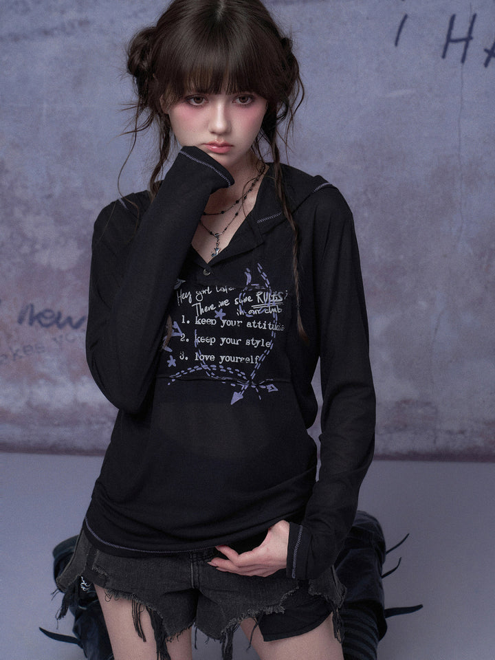 Graffiti Graphic Hooded Long Sleeve Top